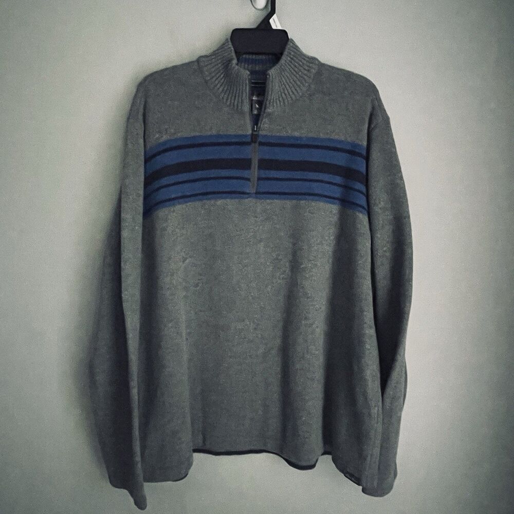 Eddie Bauer Wool Blend Sweater Quarter Zip Size XL Gray Blue Striped Mock Neck